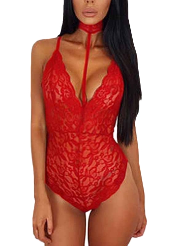 

Lingerie Sheer Choker Deep V Neck Erotic Lace Bodysuit