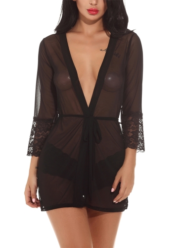 

Women Lingerie Cardigan Sheer Mesh Lace Briefs Erotic Dress Underwear Sleepwear