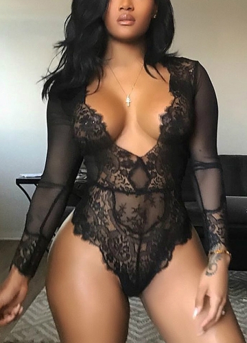 

Women Teddies Sheer Lace Long Sleeve Eyelash Erotic Bodysuit
