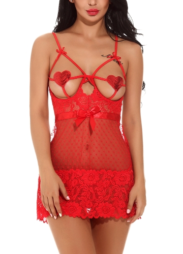 

Women Lingerie Sleep Dress Sheer Lace Backless Strappy Mini Dress Sleepwear G-String