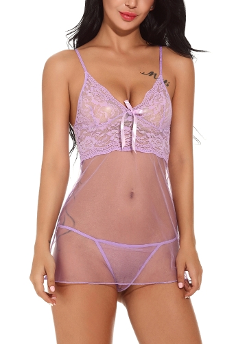 

Women Lingerie Sleep Dress Sheer Lace Mesh Bowknot Mini Dress Sleepwear G-String
