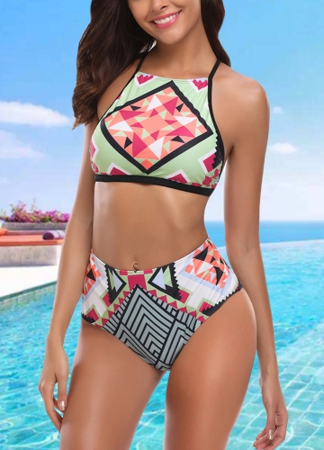 

Женщины Бикини Купальники Геометрическая печать Strappy Backless Высокая талия Купальные костюмы Купальники