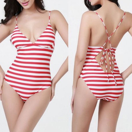 

Sexy Women One-Piece Swimwear Striped Backless Sleeveless Padding Wireless Bathing Suit Swimsuits Beach Wear