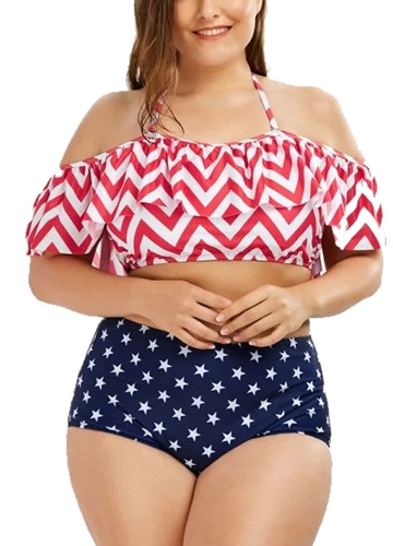 

Plus Size Striped Halter Bikini Set