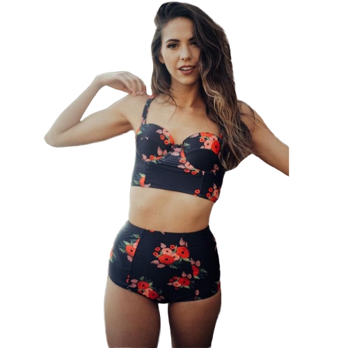 Sexy Bikini a vita alta da donna Bikini Push Up Biquini Flower Print Costumi da bagno Costumi da bagno Beach Black