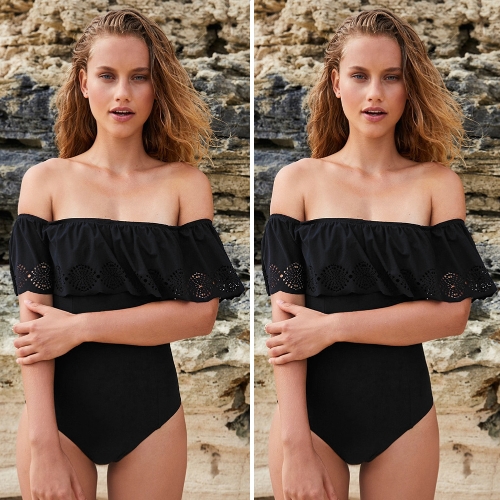 

Women One Piece Swimsuit Solid Off The Shoulder Ruffle Overaly Hollow Out Push Up Sexy Monokini Black
