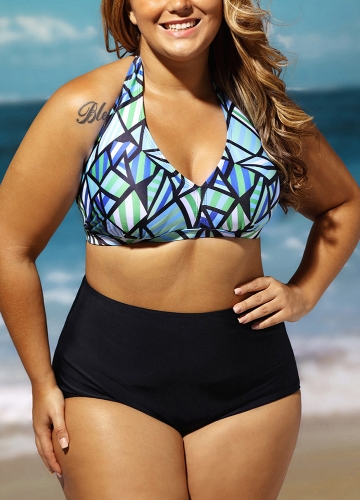 

Plus Size Geometric Print Halter Backless High Waist Wireless Padding Bikini Set