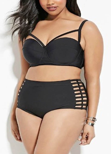 

Women Plus Size Two Piece Bikini Set Solid Underwire Strappy Bathing Suit