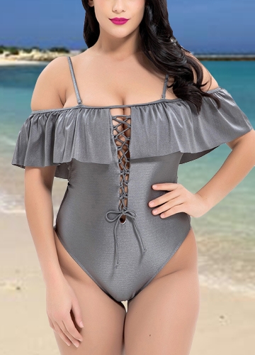 

Женщины Плюс Размер Купальник Lace-Up Ruffles Без спинки беспроводной One-Piece Бикини Купальники