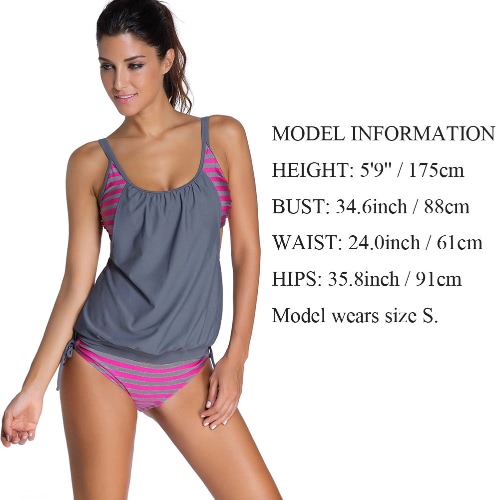 

Sexy Women Swimwear Stripe Print Adjustable Strap Scoop Neck Bathing Suit Swimsuit Shorts Tankini Set
