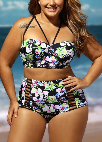 

Women Plus Size Floral High Waist Bikini Set Cut Out Underwire Swimsuit