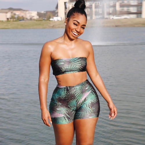 Sexy donne senza spalline costume da bagno foglie stampa pantaloncini a vita alta Bikini Set costumi da bagno costume da bagno verde