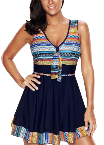 

Женщины Плюс Размер Tribal Печать Tankini Swimsuit Push Up Skirted Swim Dress