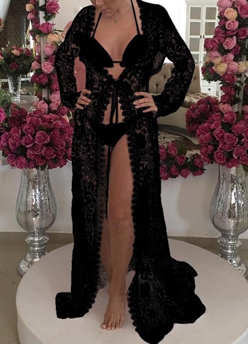 

Women Crochet Lace Long Cardigan Beach Bikini Cover-Up Sheer Maxi Boho Outwear