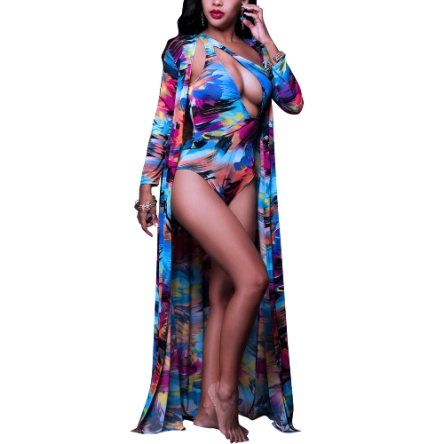 Sexy Women Floral Paint Two Piece Set One Shoulder Swimsuit Long Sleeve Beach Cover Up Bathing Suits Blue