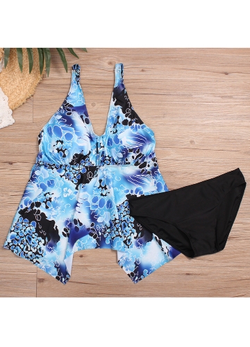 

Plus Size Ombre Print Asymmetrical Hem Drawstring Front Two Pieces