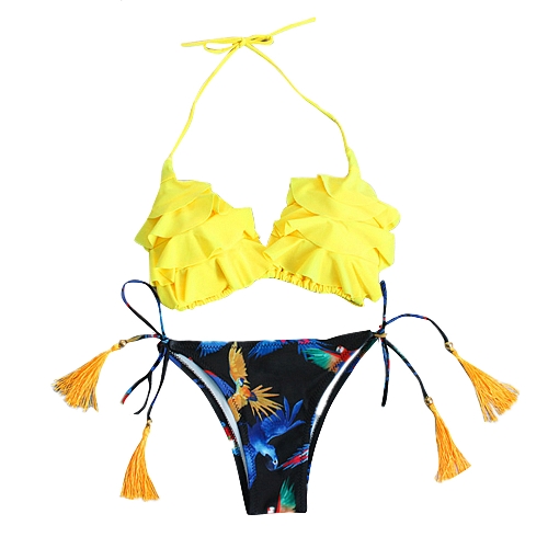 

New Sexy Women Bikini Set Ruffles Self-tie Backless Low Waist Two Pieces Frill Beach Swimwear