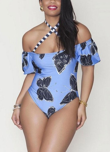 

Plus Size Butterfly Print Off Shoulder Striped Halter Short Sleeve One Piece Swimsuit