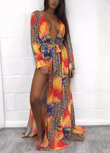 

Шифон Leopard Contrast Color Split Кардиган Кимоно Beach Maxi Coverups