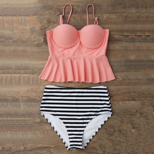 

Striped Peplum High Waist Tankini Set