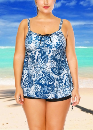 

Plus Size Floral Print Tie Knot Tankini Set