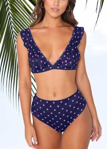 

Dot Print Ruffled Push Up Bra High Waist Bottoms Bikini Set