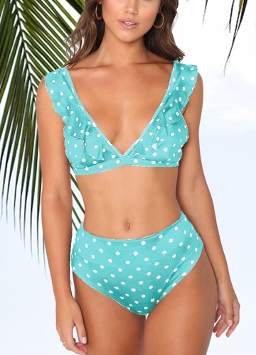 

Dot Print Ruffled Push Up Bra High Waist Bottoms Bikini Set