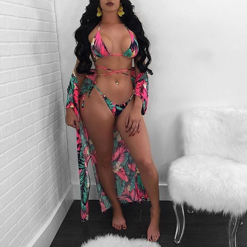 

Цветочная печать Halter Cross Bandage Top Bottom Bikini Cover Up Купальники