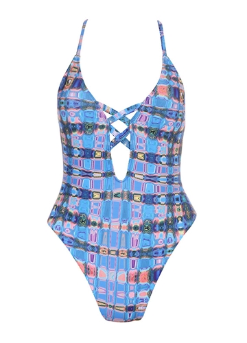 

Backless Plaid Swimwear Criss Cross Bandage Купальный костюм