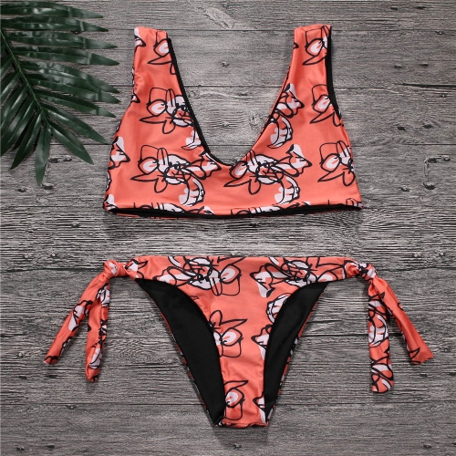 

Off the Shoulder V Neck Floral Print Bathing Bikini Set