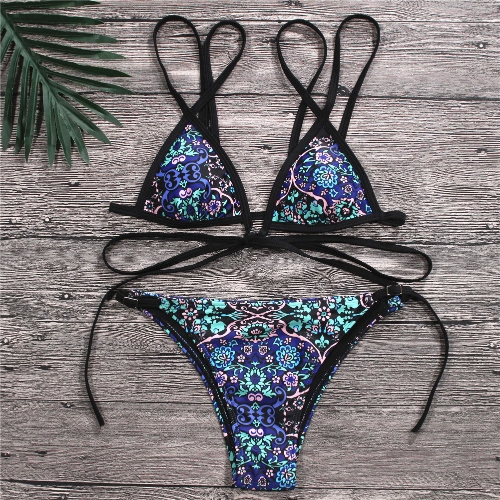 

Triangles Vintage Print String Bathing Bikini Set