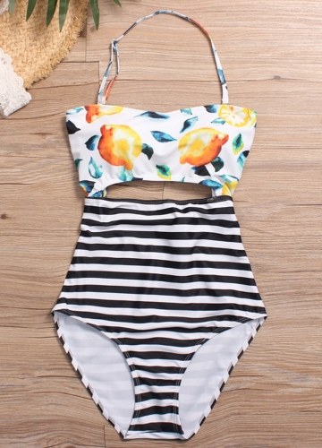 

Floral Striped Halter One Piece Swimsuit