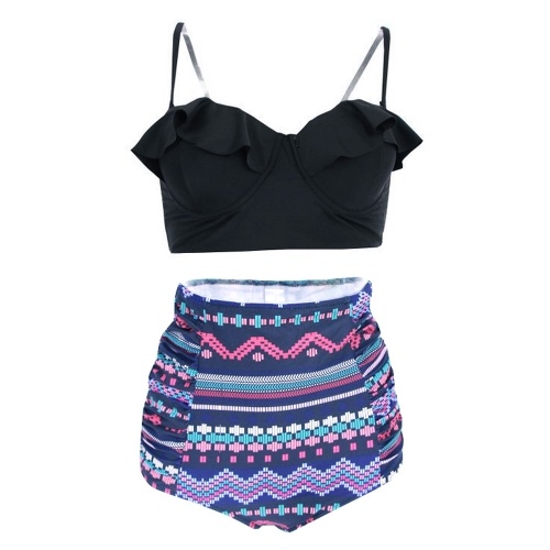 

Women Underwire Two Pieces Swimsuit Ruffles Ruched Side Print Bikini Set Bathing Swimwear