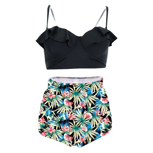 

Женщины Underwire Two Pieces Купальник Ruffles Ruched стороны Печать Бикини набор Купальные купальники