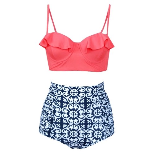 

Женщины Underwire Two Pieces Купальник Ruffles Ruched стороны Печать Бикини набор Купальные купальники