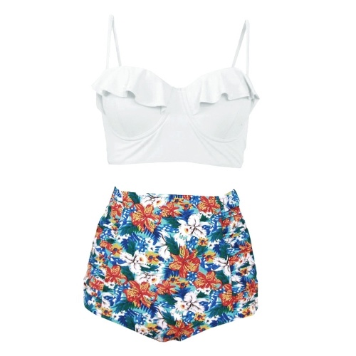 

Женщины Underwire Two Pieces Купальник Ruffles Ruched стороны Печать Бикини набор Купальные купальники
