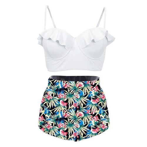 

Women Underwire Two Pieces Swimsuit Ruffles Ruched Side Print Bikini Set Bathing Swimwear