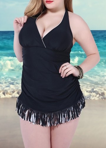 

Женщины плюс размер Tassel One Piece Halter Swimsuit Backless Swimwear Beachwear Купальный костюм