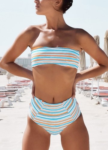 

Women Strapless Swimsuit Striped Print Halter Bikini Set Beach Swimwear Bathing Suit