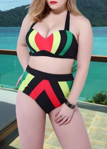 

Women Plus Size Swimsuit Two Pieces Color Block Halter Underwire Bathing Swimwear