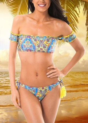 

Geometric Print Off the Shoulder Short Sleeves Wireless Swimsuit