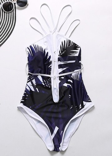 

Листья Печать Плунжер V Шея Крест-накрест Strappy Цельный купальник
