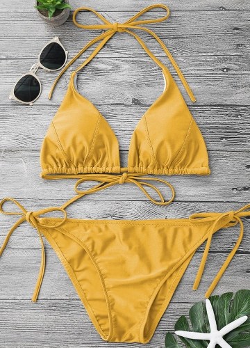 

Solid Color Halter Bandage Tie Bikini Set