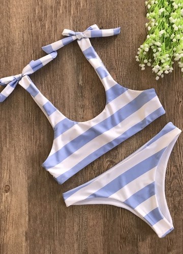 

Striped Print Bow Top Bottom Bikini Set