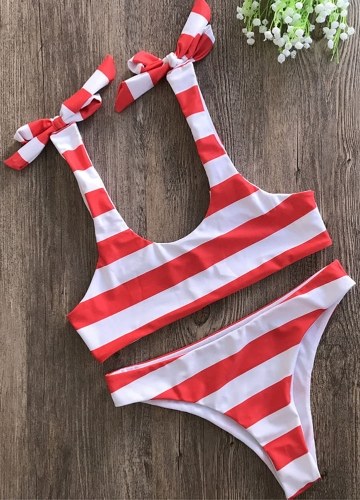 

Striped Print Bow Top Bottom Bikini Set