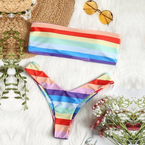 

Women Summer Rainbow Striped Bikini Set Swimwear Bathing Suit Beachwear Biquini Set