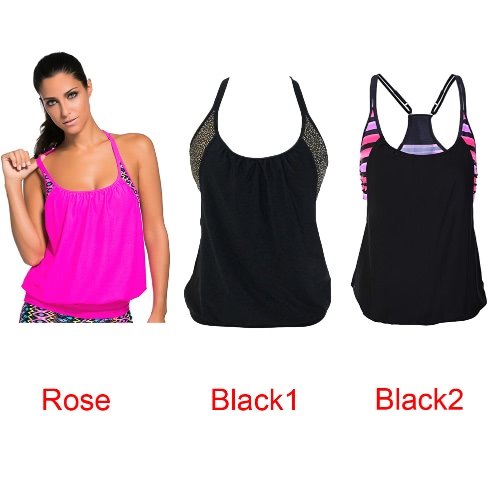 

New Women Swimwear Layered Style Contrast Print Insert Racerback Wireless Padded Tankini Top Black1/Black2/Rose