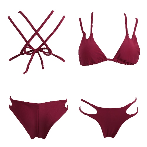 Donne Bikini solido push riempito in su Braid Croce Bandag vita bassa del retro costume da bagno Borgogna