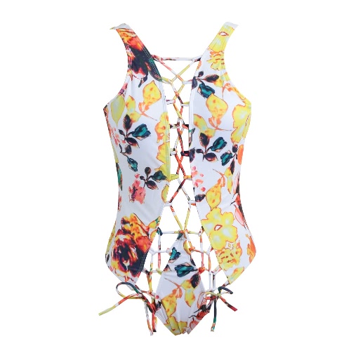 Sexy Women Swimsuit Lace Up Hollow Out Open Back One Piece Swimwear Bathing Suit Beachwear Monokini Yellow