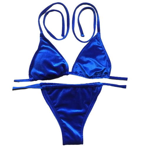 Las mujeres del terciopelo atractivo del bikini Conjunto con cordones halter del vendaje de la correa del traje de baño de la playa del traje de baño sólido traje de baño azul / rojo / naranja